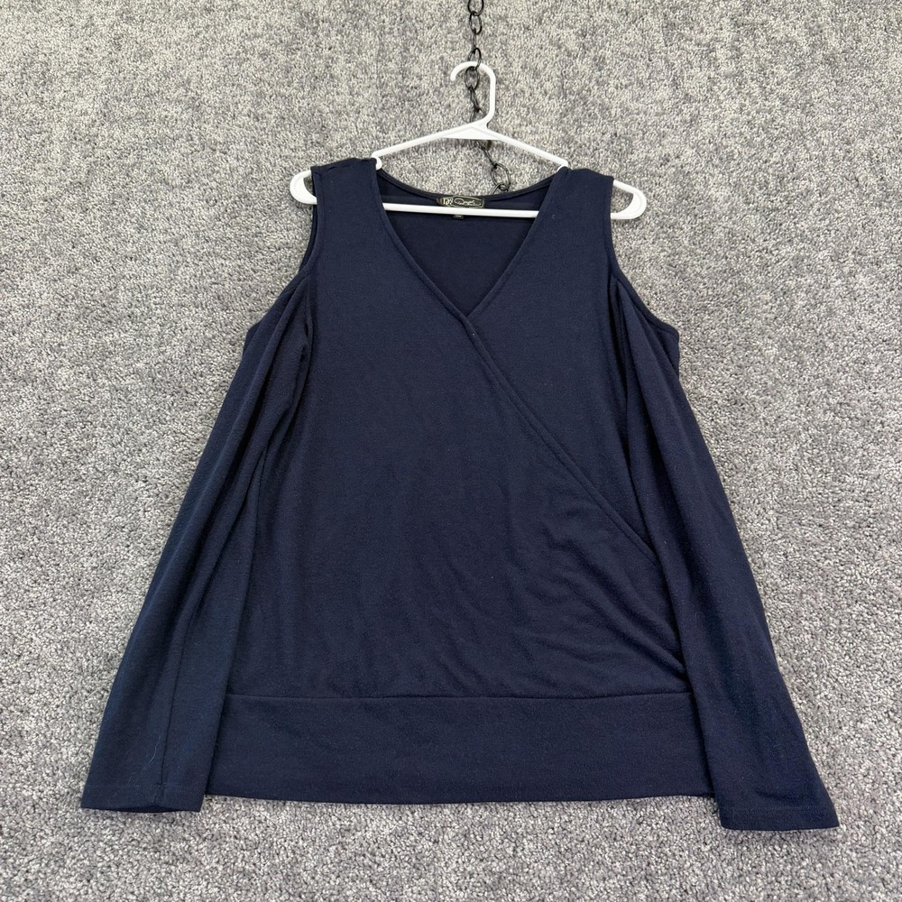 DG2 By Diane Gilman Top Womens L Blue Cold Shoulder V Neck Tunic Jersey Casual